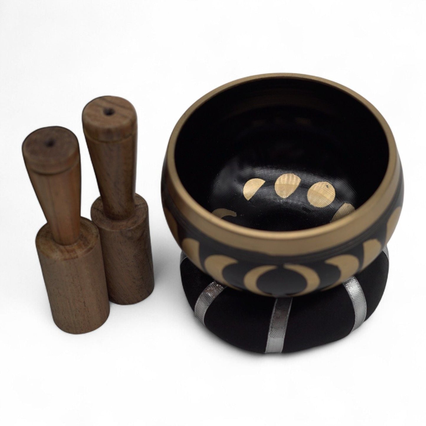 Alt Tag: Moon Phase Singing Bowl Set – Black 10.7 CM matte black singing bowl with gold moon phases, wooden mallet, and cushion