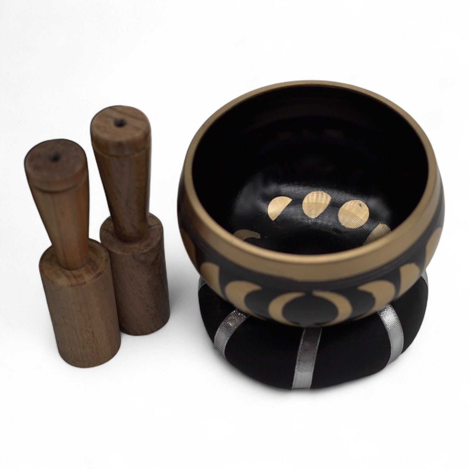 Alt Tag: Moon Phase Singing Bowl Set – Black 10.7 CM matte black singing bowl with gold moon phases, wooden mallet, and cushion