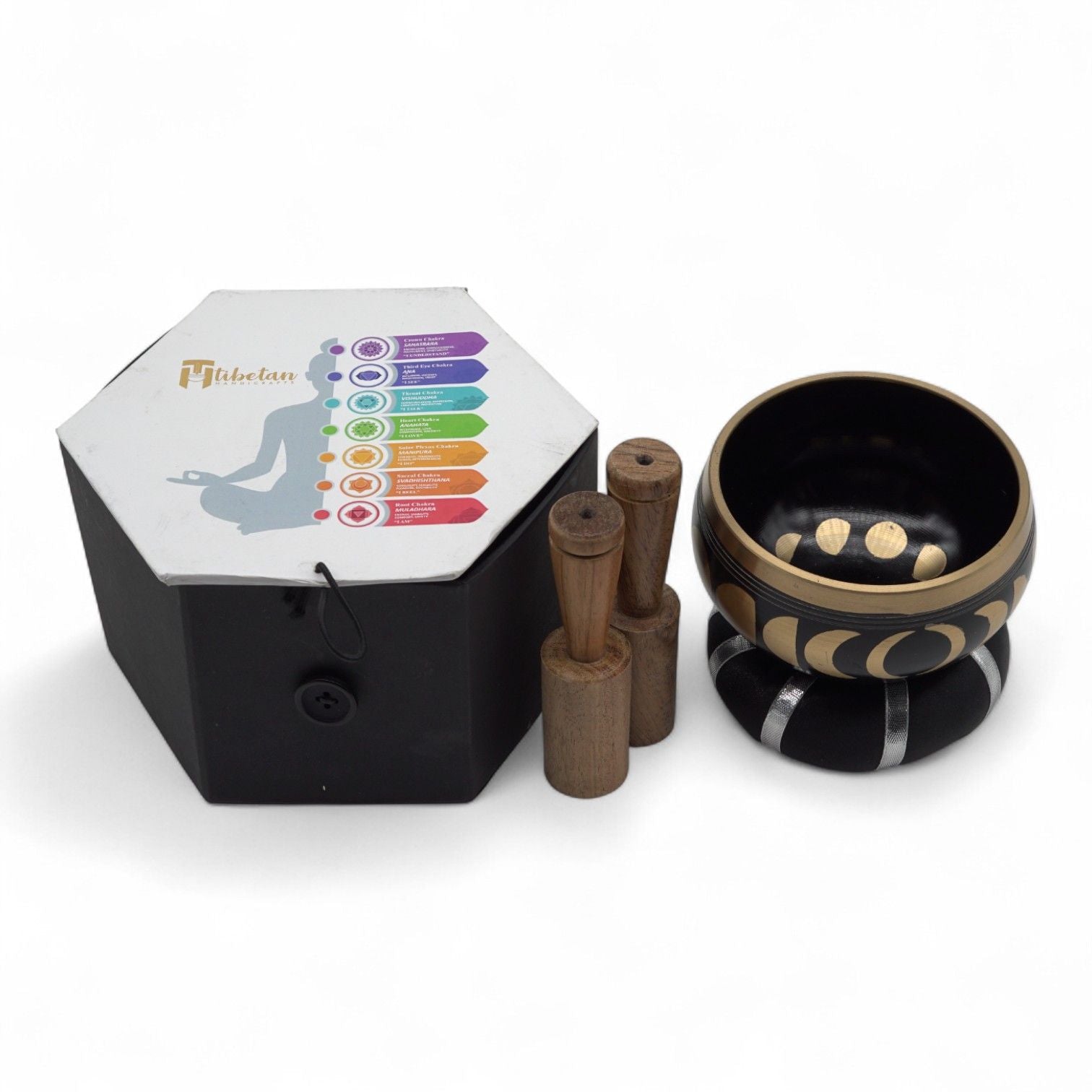 Moon Phase Singing Bowl Set – Black 10.7 CM matte black bowl with gold moon phases, mallet, cushion, and storage box