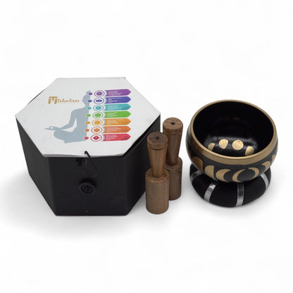 Moon Phase Singing Bowl Set – Black 10.7 CM matte black bowl with gold moon phases, mallet, cushion, and storage box
