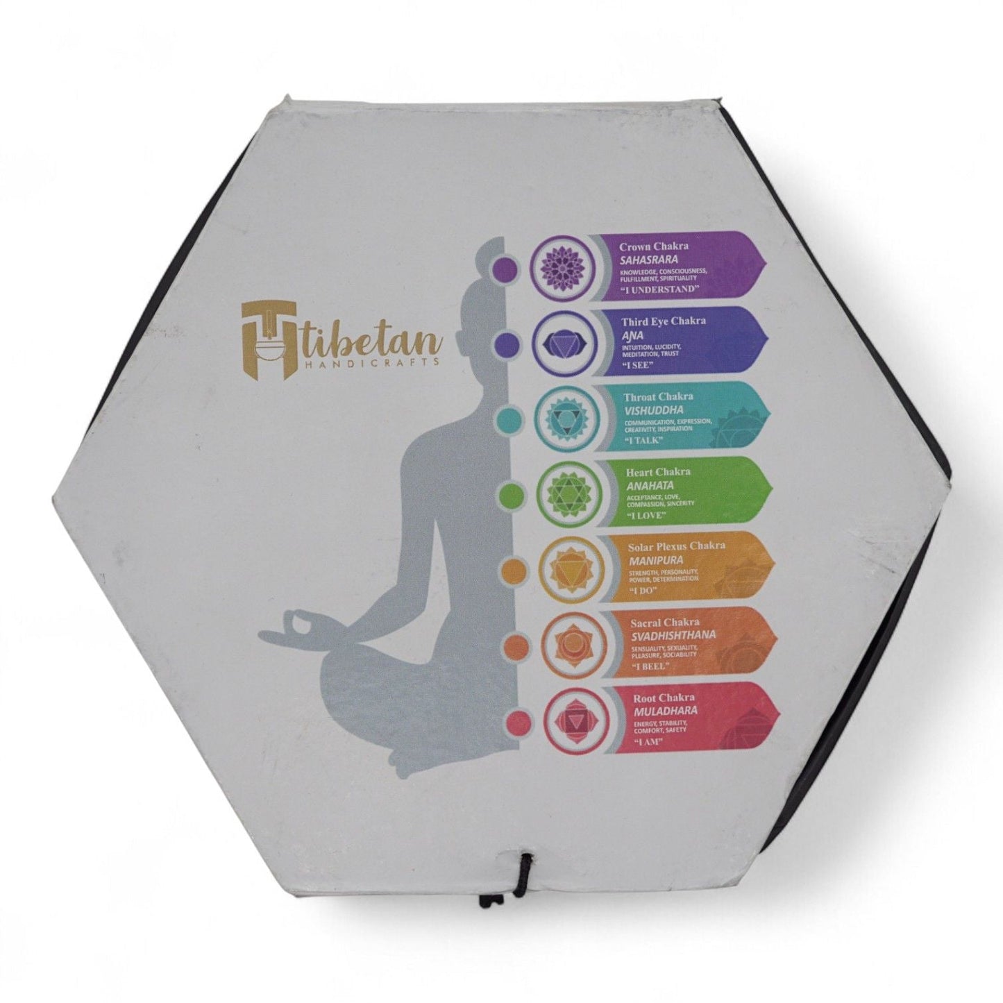 Moon Phase Singing Bowl Set – Black 10.7 CM packaging box with Tibetan Handicrafts logo and colorful chakra chart graphic