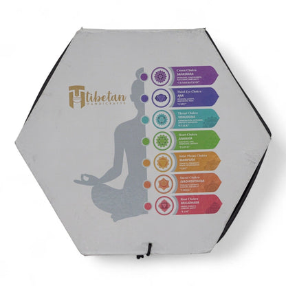 Moon Phase Singing Bowl Set – Black 10.7 CM packaging box with Tibetan Handicrafts logo and colorful chakra chart graphic