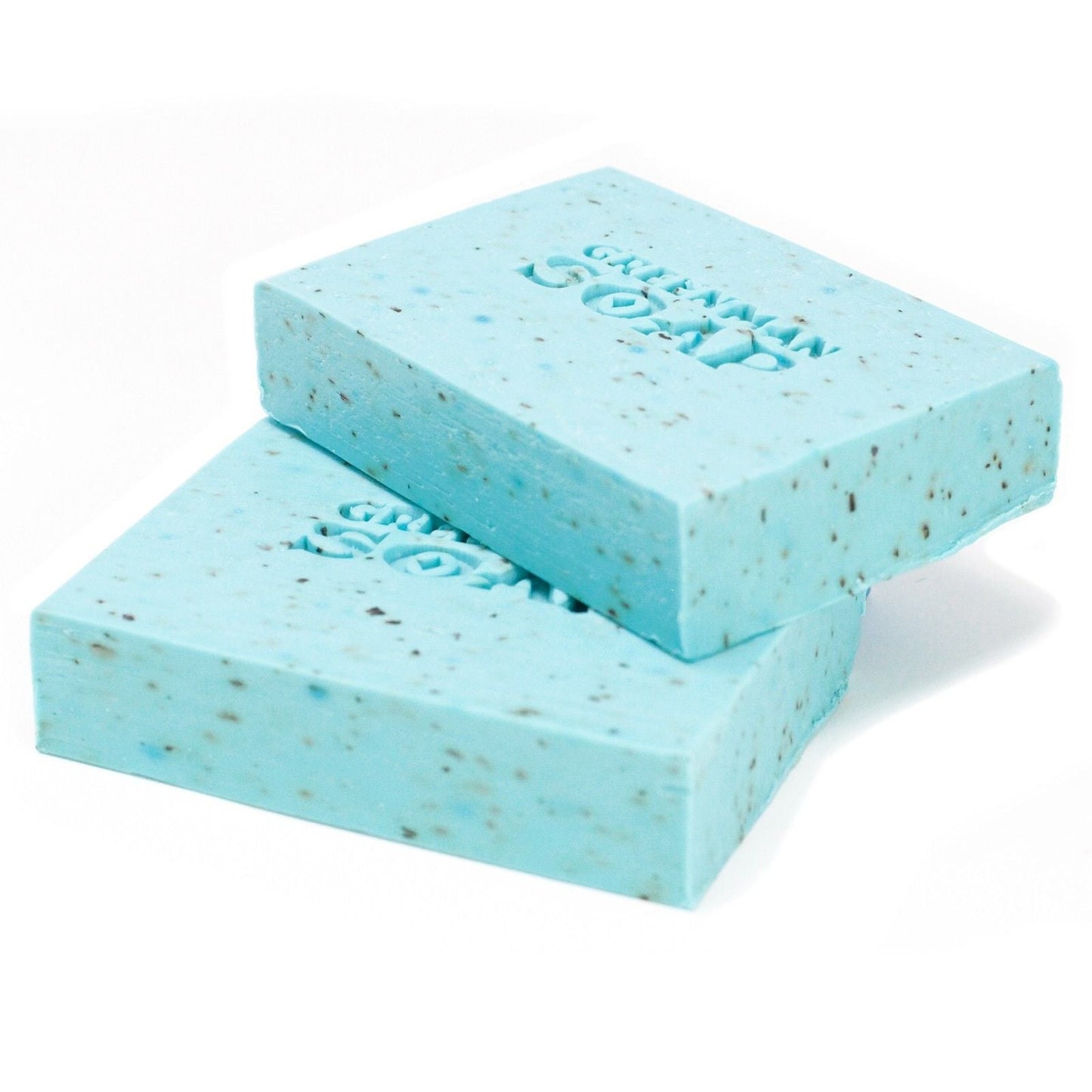 Alt Tag: Morning Fresh Soap Bar – 100G handcrafted blue soap bars with speckles, Greenman Soaps logo, frankincense and bergamot scent