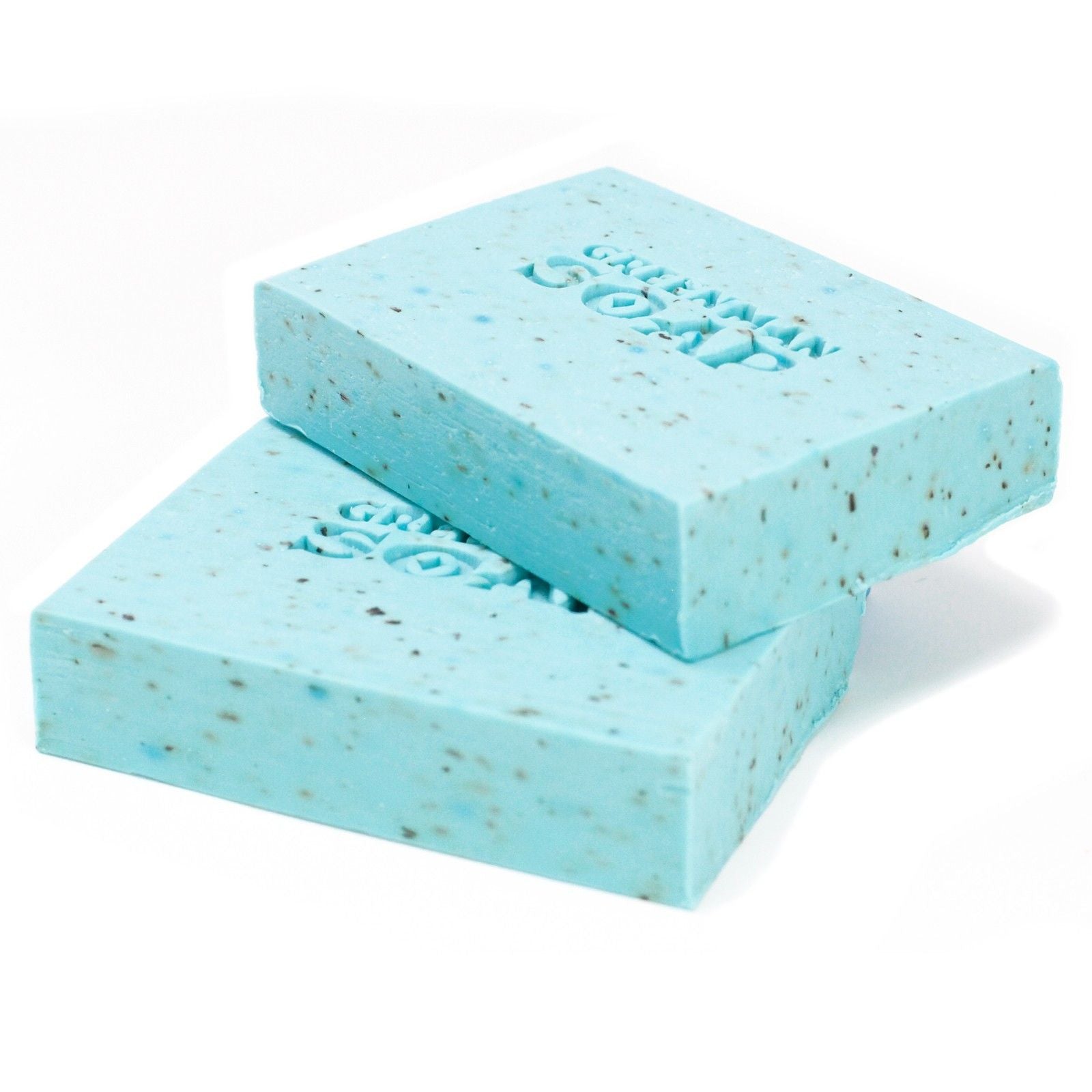 Alt Tag: Morning Fresh Soap Bar – 100G handcrafted blue soap bars with speckles, Greenman Soaps logo, frankincense and bergamot scent
