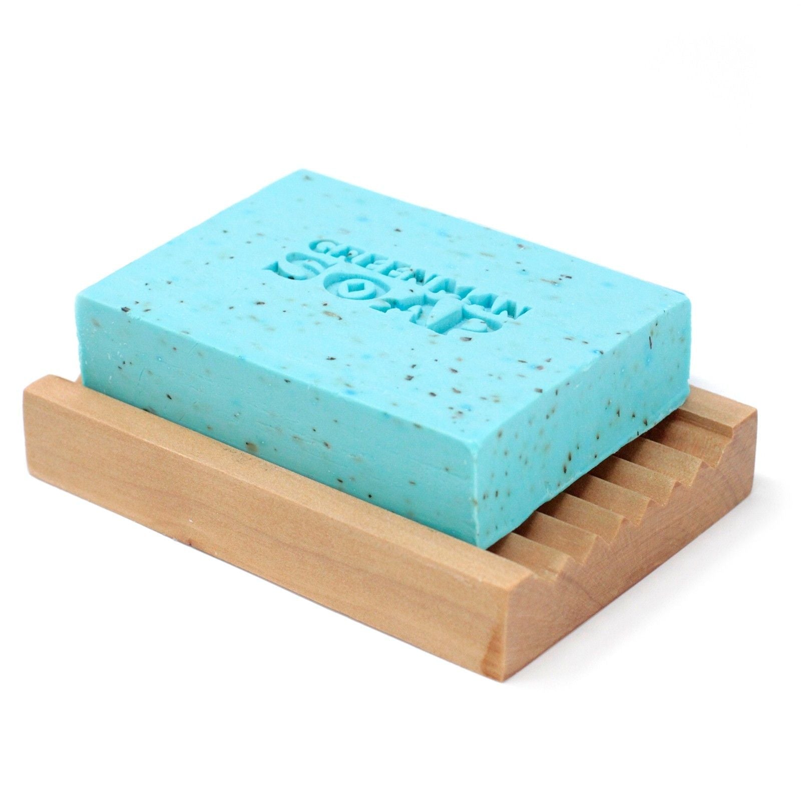 Alt Tag: Morning Fresh Soap Bar – 100G blue speckled handcrafted soap bar on wooden soap dish by Greenman Soaps