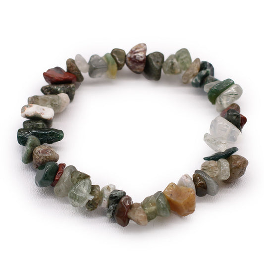Alt Tag: Moss Agate Chipstone Bracelet – Natural Stone irregular chipstone beaded bracelet with green, brown and clear natural stones
