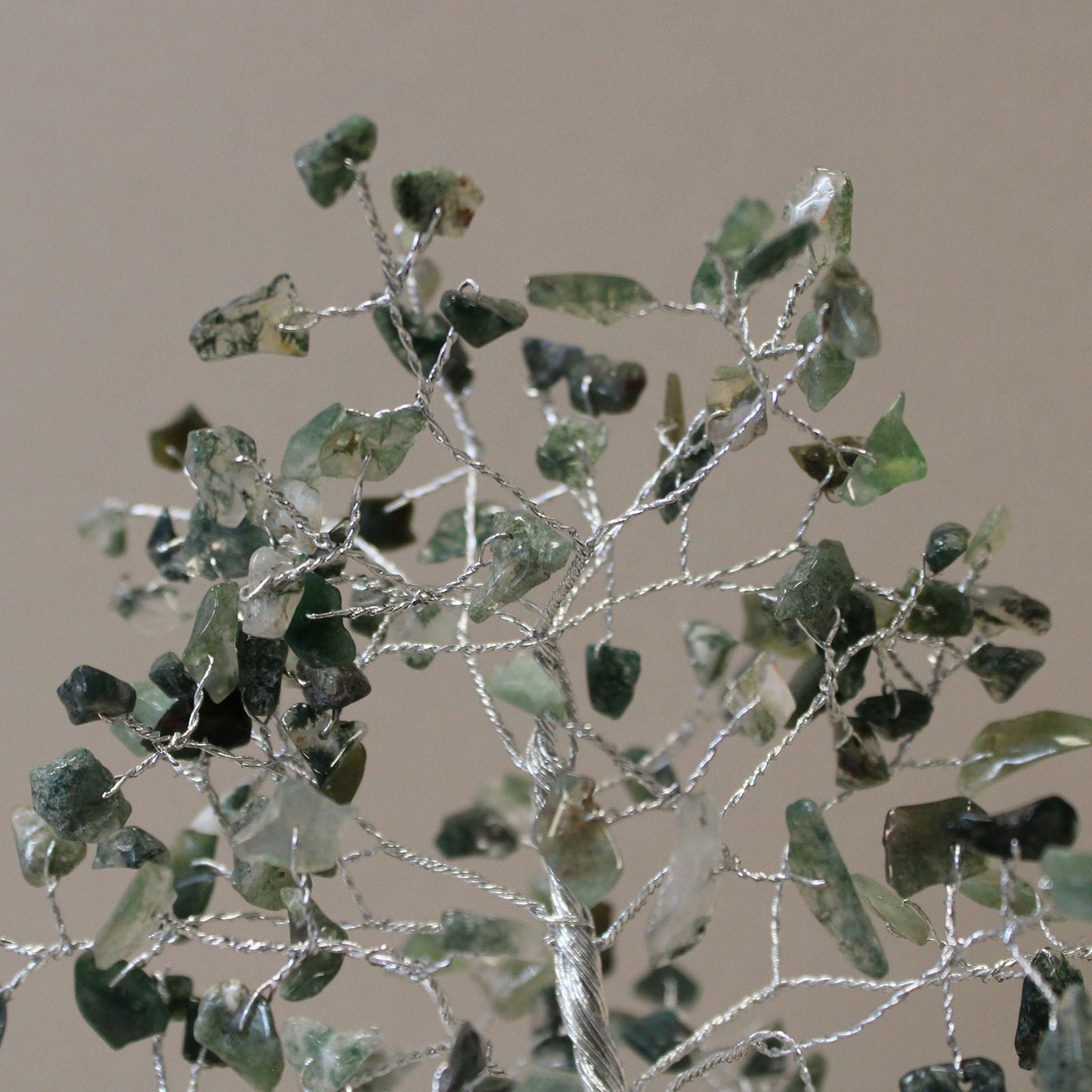 Moss Agate Gemstone Tree – 160 Stones, green moss agate chips on silver wire branches decorative gemstone tree