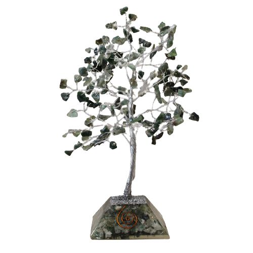 Alt Tag: Moss Agate Gemstone Tree – 160 Stones with orgonite base, handcrafted gemstone wire tree decor on white background