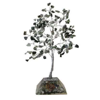 Alt Tag: Moss Agate Gemstone Tree – 160 Stones with orgonite base, handcrafted gemstone wire tree decor on white background