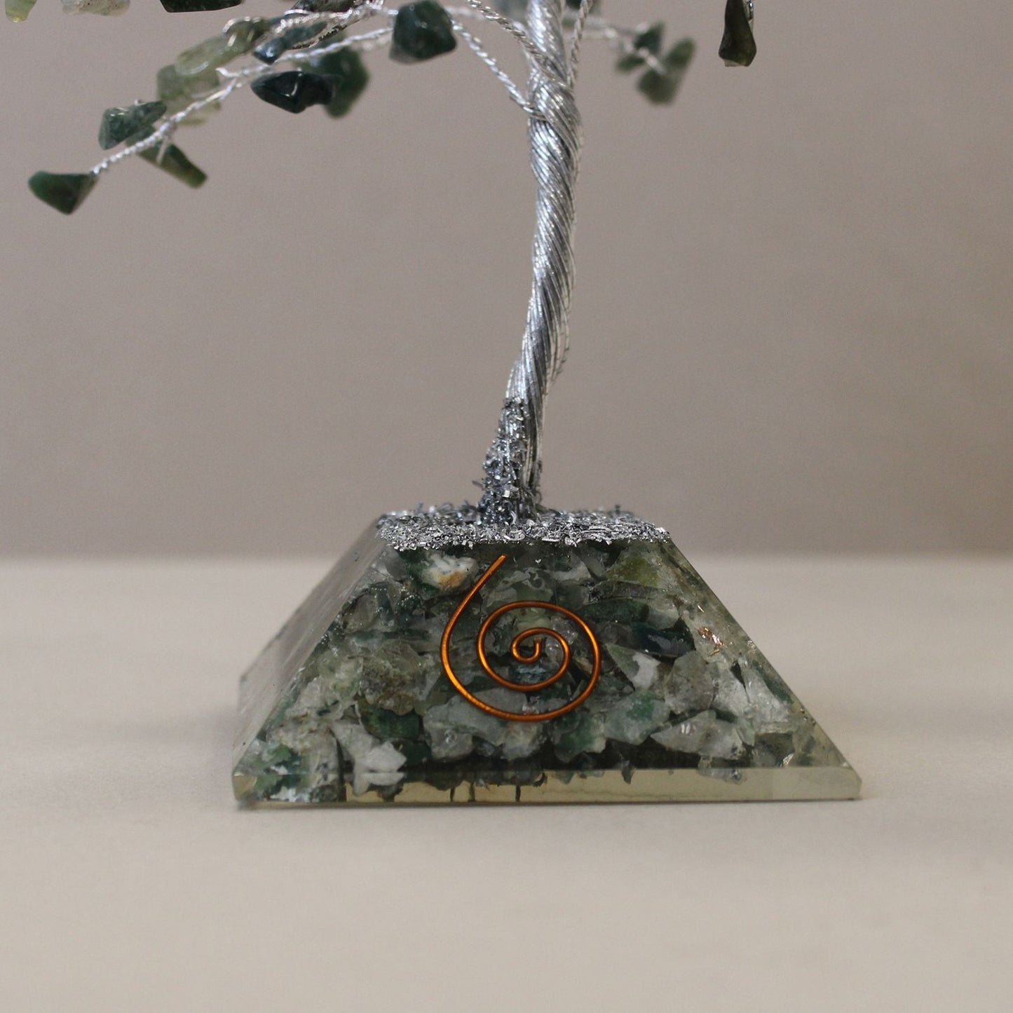 Moss Agate Gemstone Tree – 160 Stones with orgonite pyramid base and copper spiral, close-up decor gemstone tree