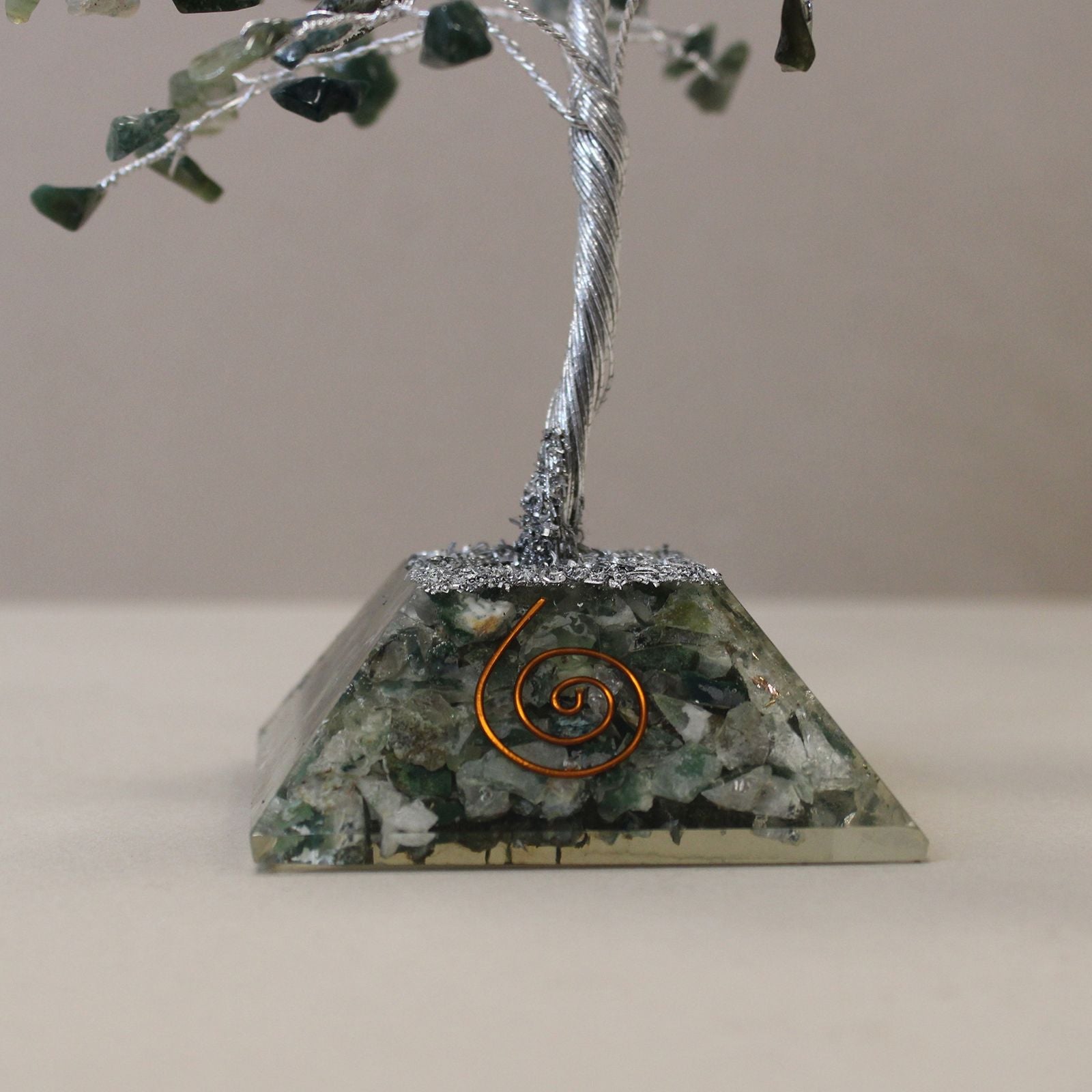 Moss Agate Gemstone Tree – 160 Stones with orgonite pyramid base and copper spiral, close-up decor gemstone tree