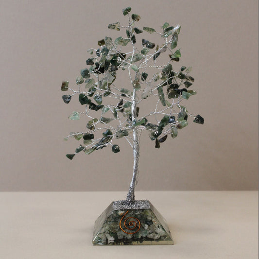 Moss Agate Gemstone Tree – 160 Stones, árbol decorativo de piedras verdes con ramas de alambre y base de orgonita