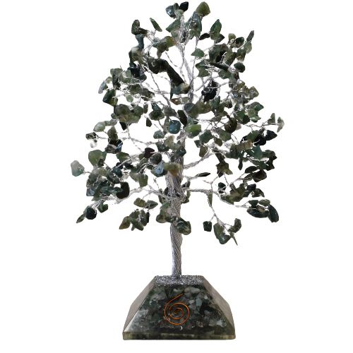 Moss Agate Gemstone Tree – 320 Stone árbol de gemas de ágata musgo con base de orgonita, 20.5x8 cm