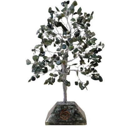 Moss Agate Gemstone Tree – 320 Stone árbol de gemas de ágata musgo con base de orgonita, 20.5x8 cm