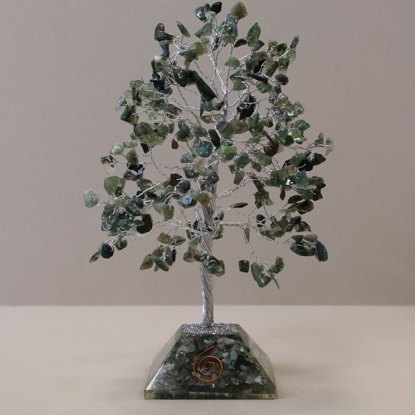 Alt Tag: Moss Agate Gemstone Tree – 320 Stone handcrafted gemstone tree with orgonite base, 20.5x8 cm decorative tabletop sculpture