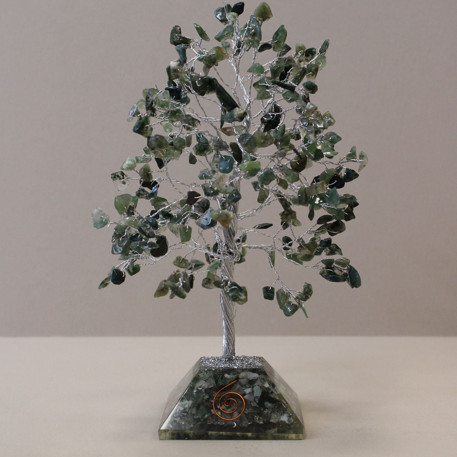 Alt Tag: Moss Agate Gemstone Tree – 320 Stone handcrafted gemstone tree with orgonite base, 20.5x8 cm decorative tabletop sculpture