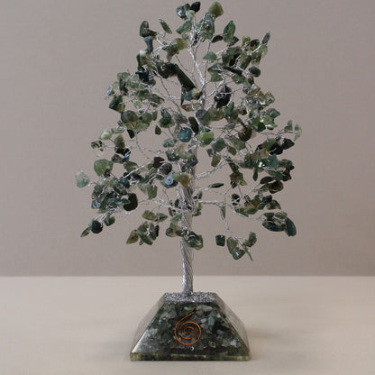 Alt Tag: Moss Agate Gemstone Tree – 320 Stone handcrafted gemstone tree with orgonite base, 20.5x8 cm decorative tabletop sculpture