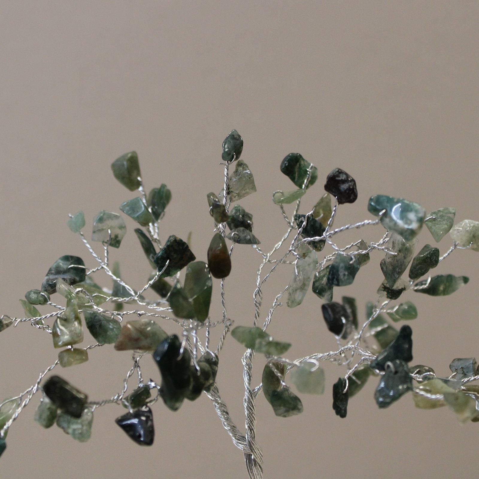 Alt Tag: Moss Agate Gemstone Tree – 80 Stones with green moss agate chips on silver wire branches, handcrafted decor close-up