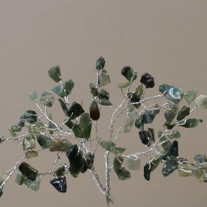 Alt Tag: Moss Agate Gemstone Tree – 80 Stones with green moss agate chips on silver wire branches, handcrafted decor close-up