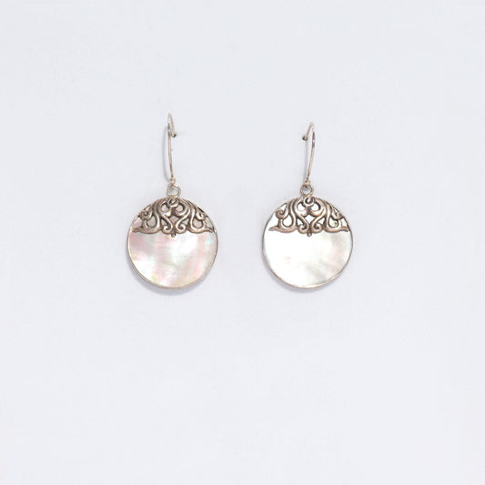 Alt Tag: Mother-of-Pearl Shell & Silver Earrings – Classic Disc, round mother-of-pearl disc drop earrings with sterling silver hooks
