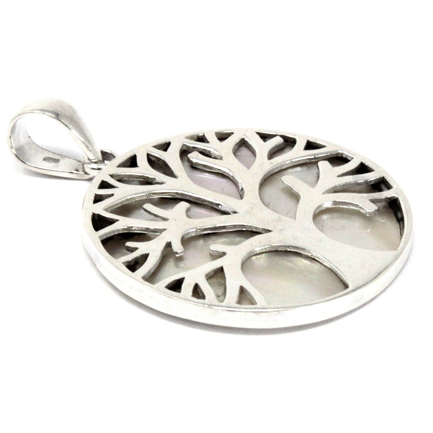 Mother of Pearl Tree of Life Pendant – 30MM in silver with cutout tree design and mother of pearl inlay, close-up product photo