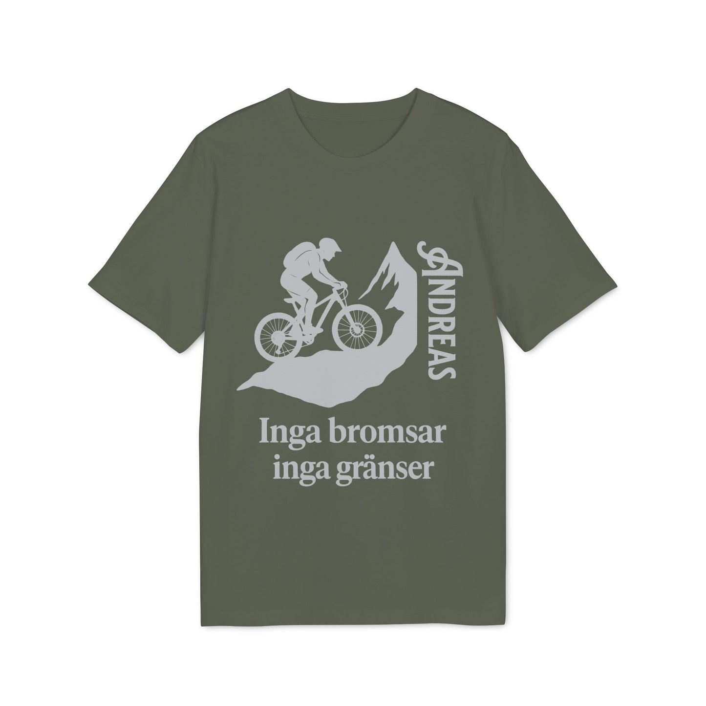 Mountain Bike Namn Inga Bromsar Inga Gränser Sustainable Unisex Tee med MTB-cyklist och texten “Inga bromsar inga gränser”