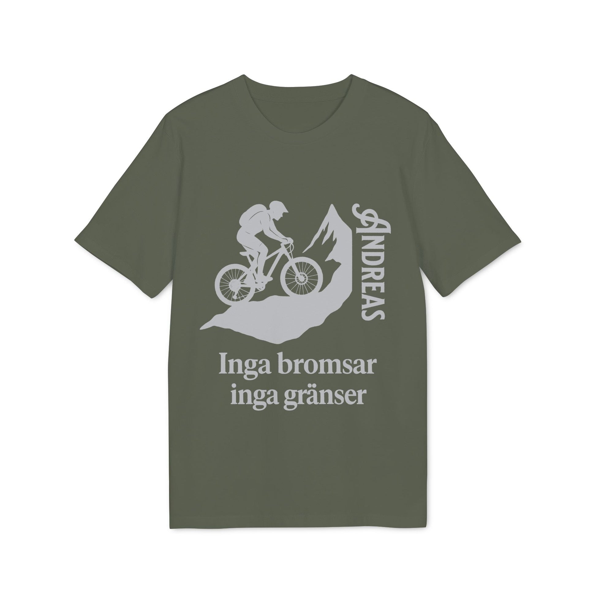 Mountain Bike Namn Inga Bromsar Inga Gränser Sustainable Unisex Tee med MTB-cyklist och texten “Inga bromsar inga gränser”