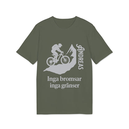 Mountain Bike Namn Inga Bromsar Inga Gränser Sustainable Unisex Tee med MTB-cyklist och texten “Inga bromsar inga gränser”