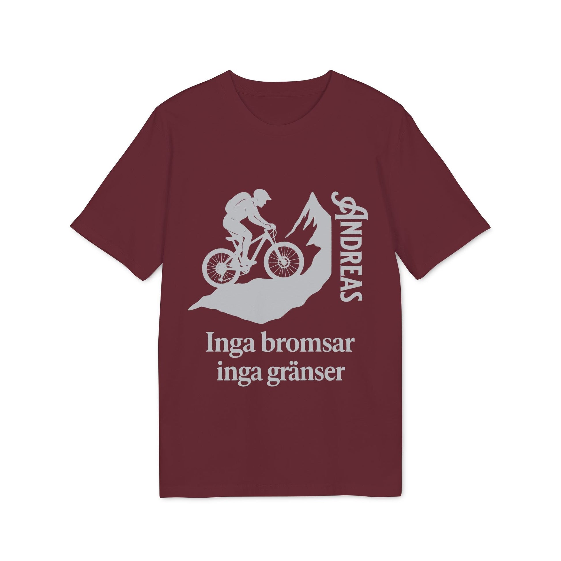 Mountain Bike Namn Inga Bromsar Inga Gränser Sustainable Unisex Tee burgundy t-shirt with mountain biker graphic and “Inga bromsar inga gränser” text