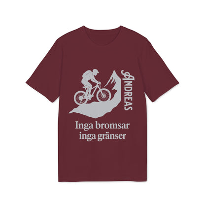 Mountain Bike Namn Inga Bromsar Inga Gränser Sustainable Unisex Tee burgundy t-shirt with mountain biker graphic and “Inga bromsar inga gränser” text