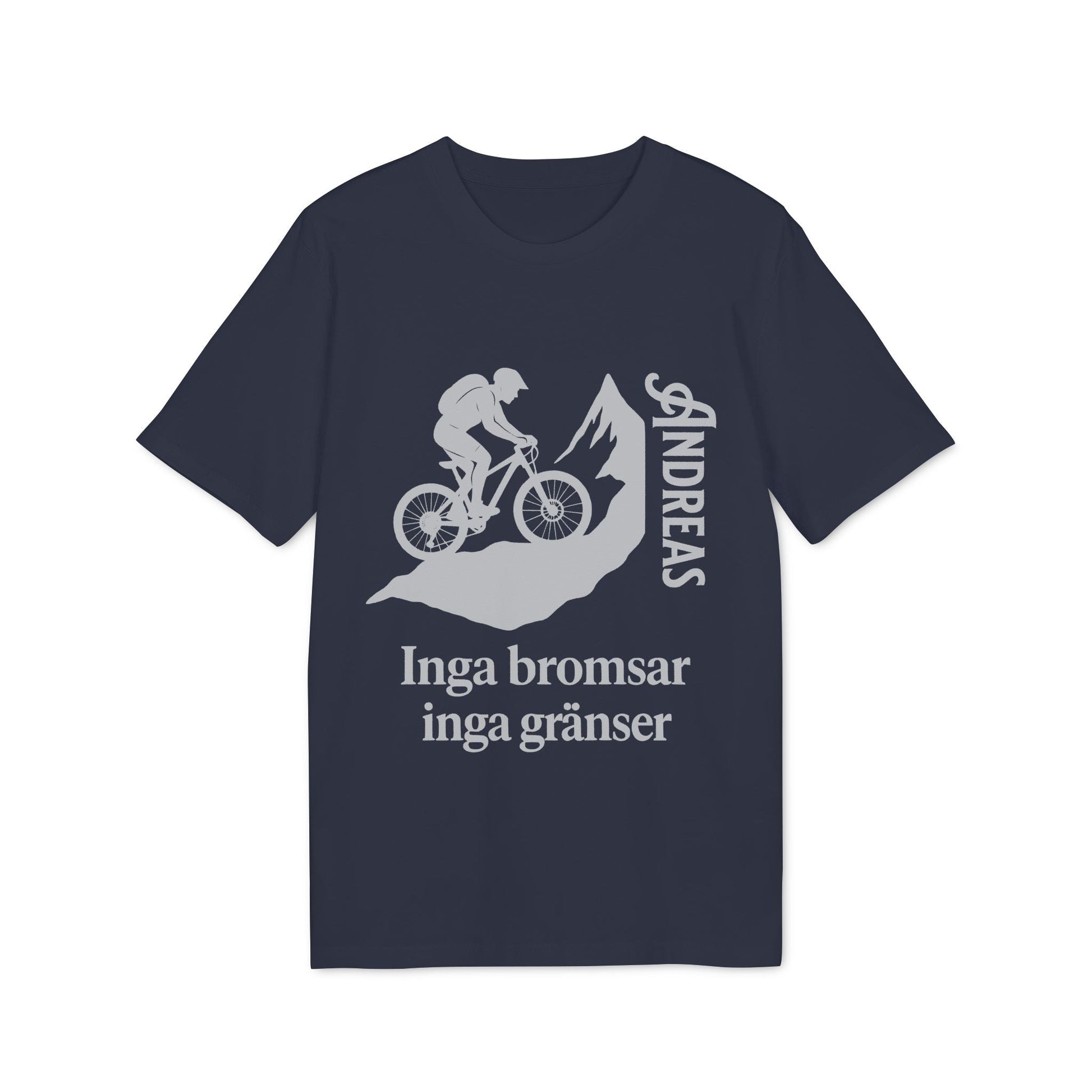 Mountain Bike Namn Inga Bromsar Inga Gränser Sustainable Unisex Tee navy t-shirt with mountain biker graphic and “Inga bromsar inga gränser” text