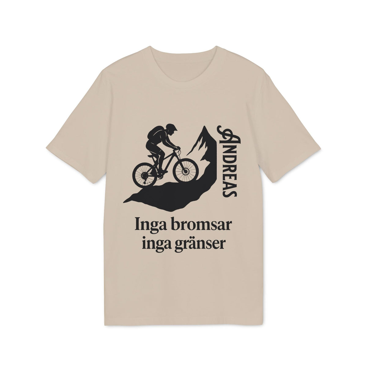 Mountain Bike Namn Inga Bromsar Inga Gränser Sustainable Unisex Tee beige t-shirt with mountain biker graphic and “Inga bromsar inga gränser” text