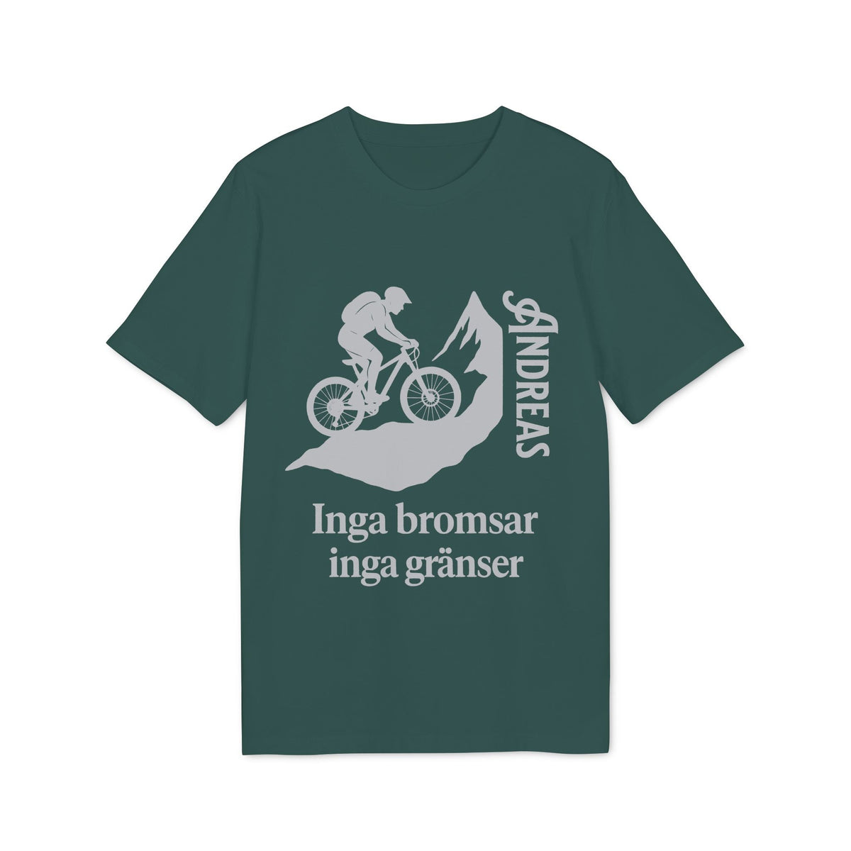 Mountain Bike Namn Inga Bromsar Inga Gränser Sustainable Unisex Tee grön t-shirt med mountainbike-tryck, bergmotiv och text 