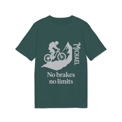 Alt Tag: Mountain Bike Personalized No Brakes No Limit Premium Unisex T-Shirt verde con gráfico ciclista y nombre personalizado