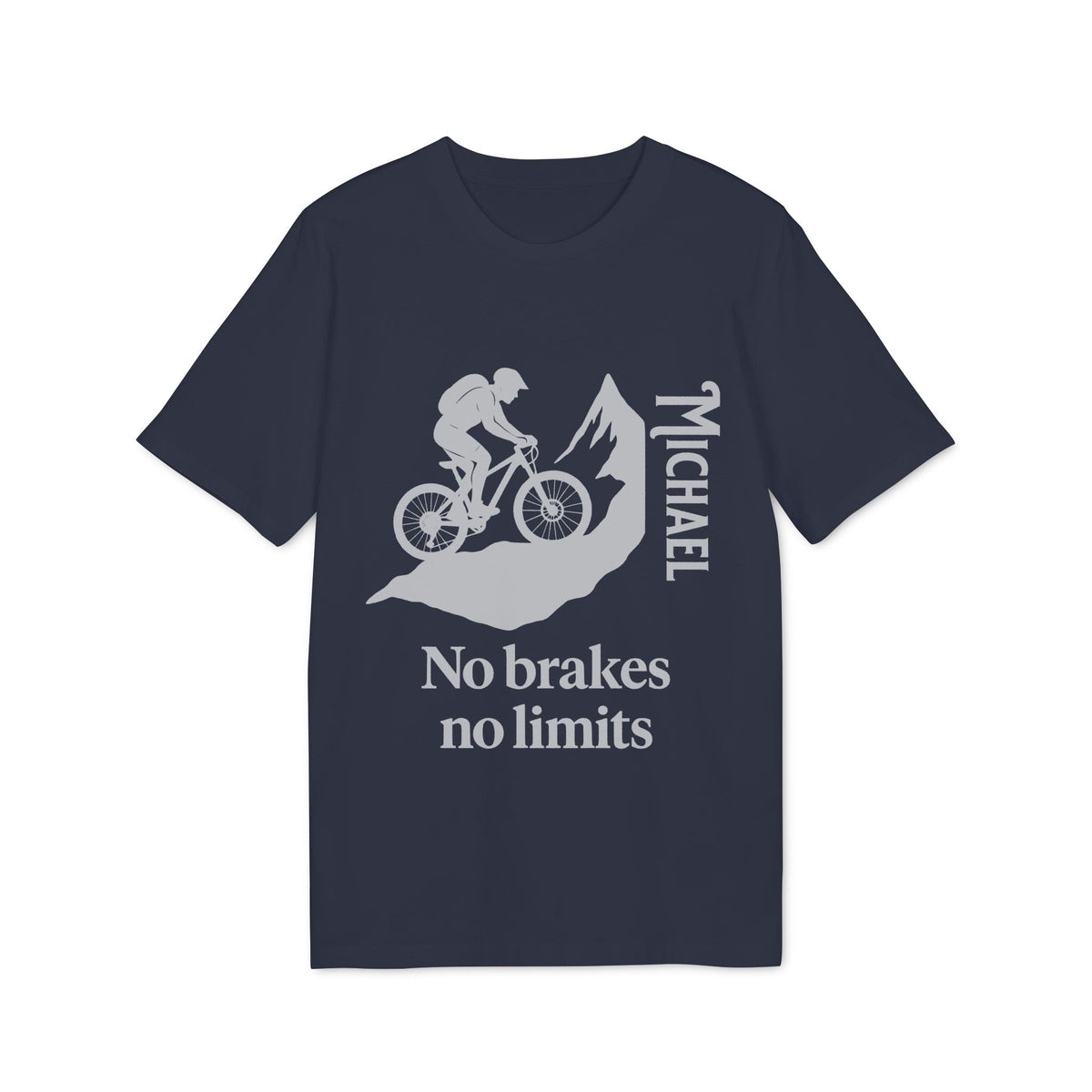 Alt Tag: Mountain Bike Personalized No Brakes No Limit Premium Unisex T-Shirt navy, cyclist graphic with name Michael and “No brakes no limits”
