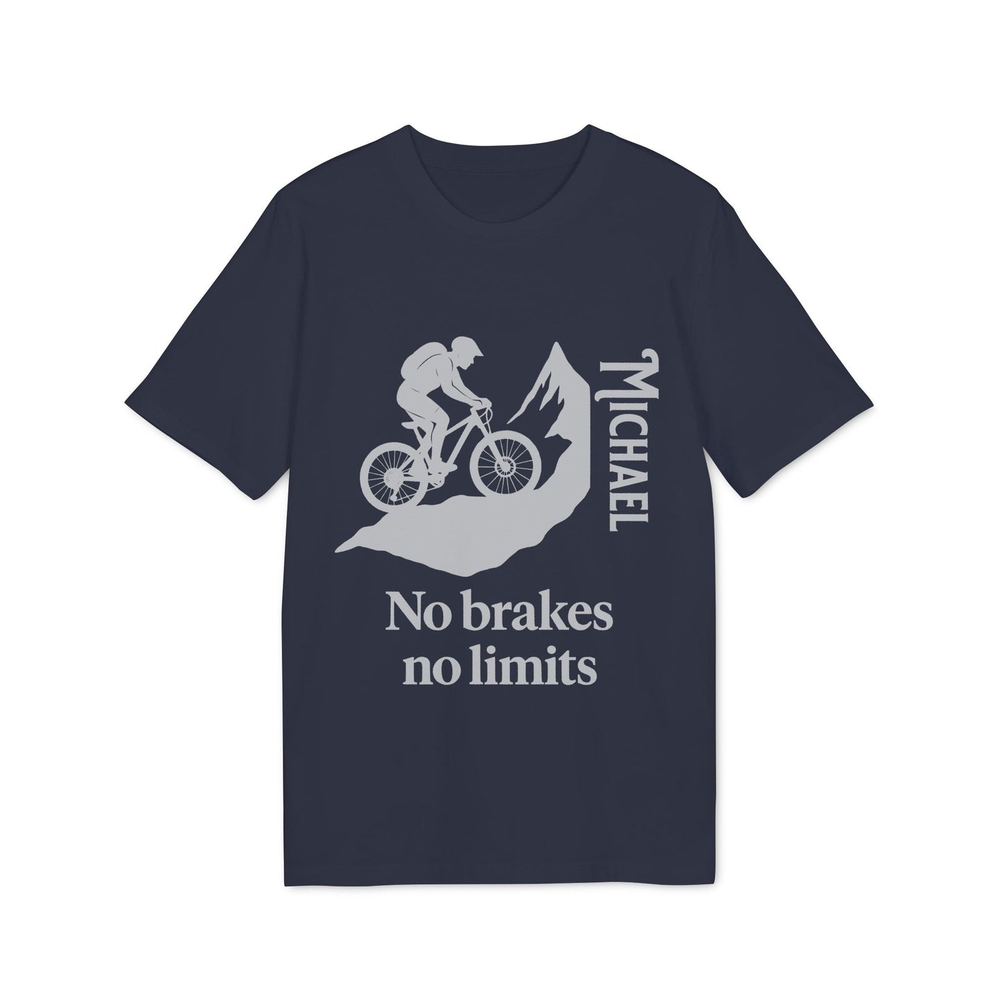 Alt Tag: Mountain Bike Personalized No Brakes No Limit Premium Unisex T-Shirt navy, cyclist graphic with name Michael and “No brakes no limits”