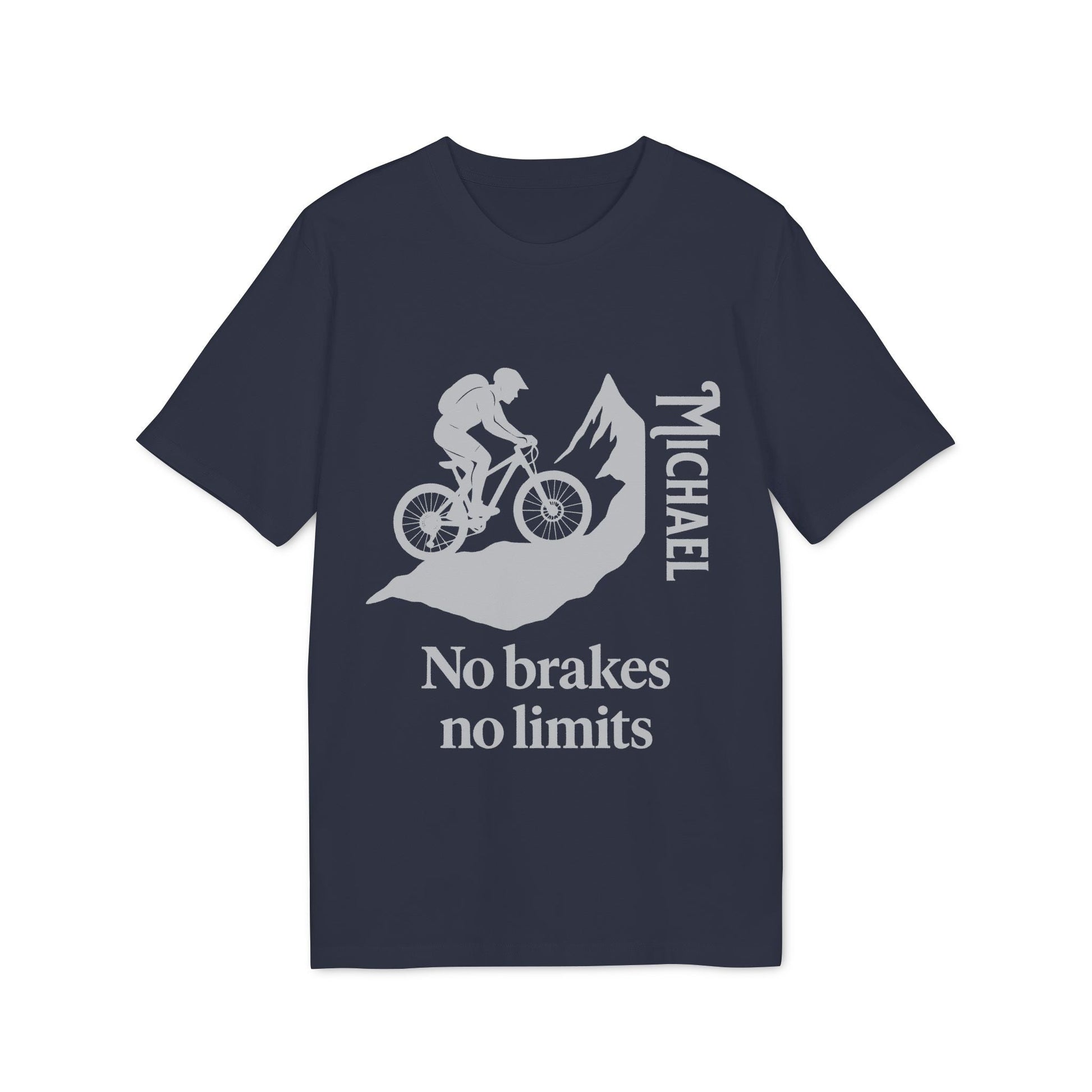 Alt Tag: Mountain Bike Personalized No Brakes No Limit Premium Unisex T-Shirt navy, cyclist graphic with name Michael and “No brakes no limits”