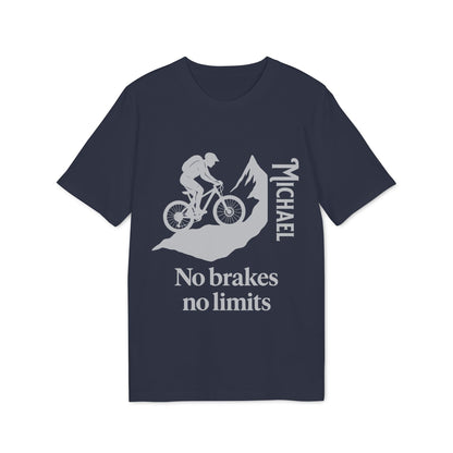 Alt Tag: Mountain Bike Personalized No Brakes No Limit Premium Unisex T-Shirt navy, cyclist graphic with name Michael and “No brakes no limits”