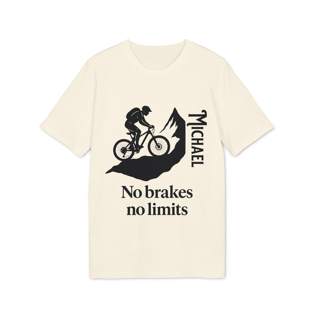 Alt Tag: Mountain Bike Personalized No Brakes No Limit Premium Unisex T-Shirt beige tee with mountain biker graphic, “No brakes no limits” and name