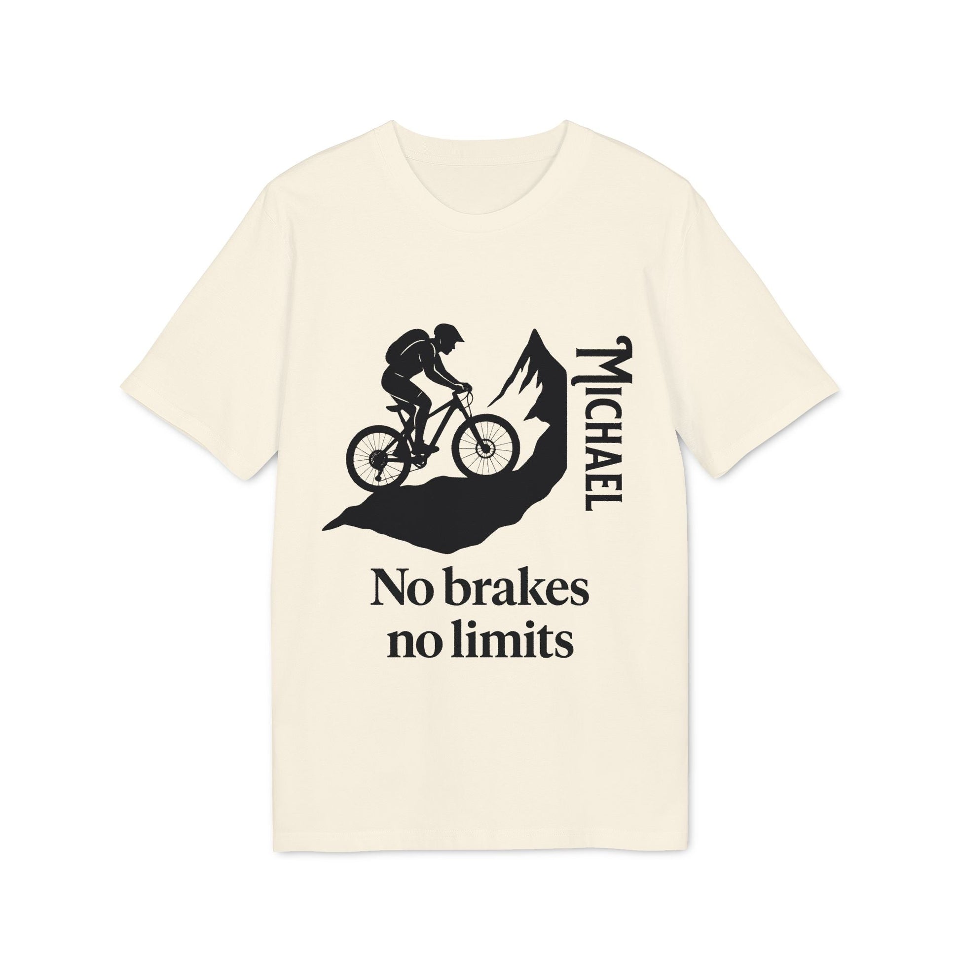 Alt Tag: Mountain Bike Personalized No Brakes No Limit Premium Unisex T-Shirt beige tee with mountain biker graphic, “No brakes no limits” and name