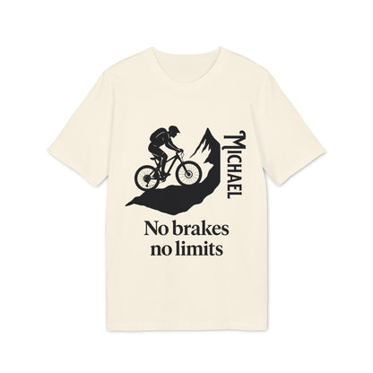 Alt Tag: Mountain Bike Personalized No Brakes No Limit Premium Unisex T-Shirt beige tee with mountain biker graphic, “No brakes no limits” and name