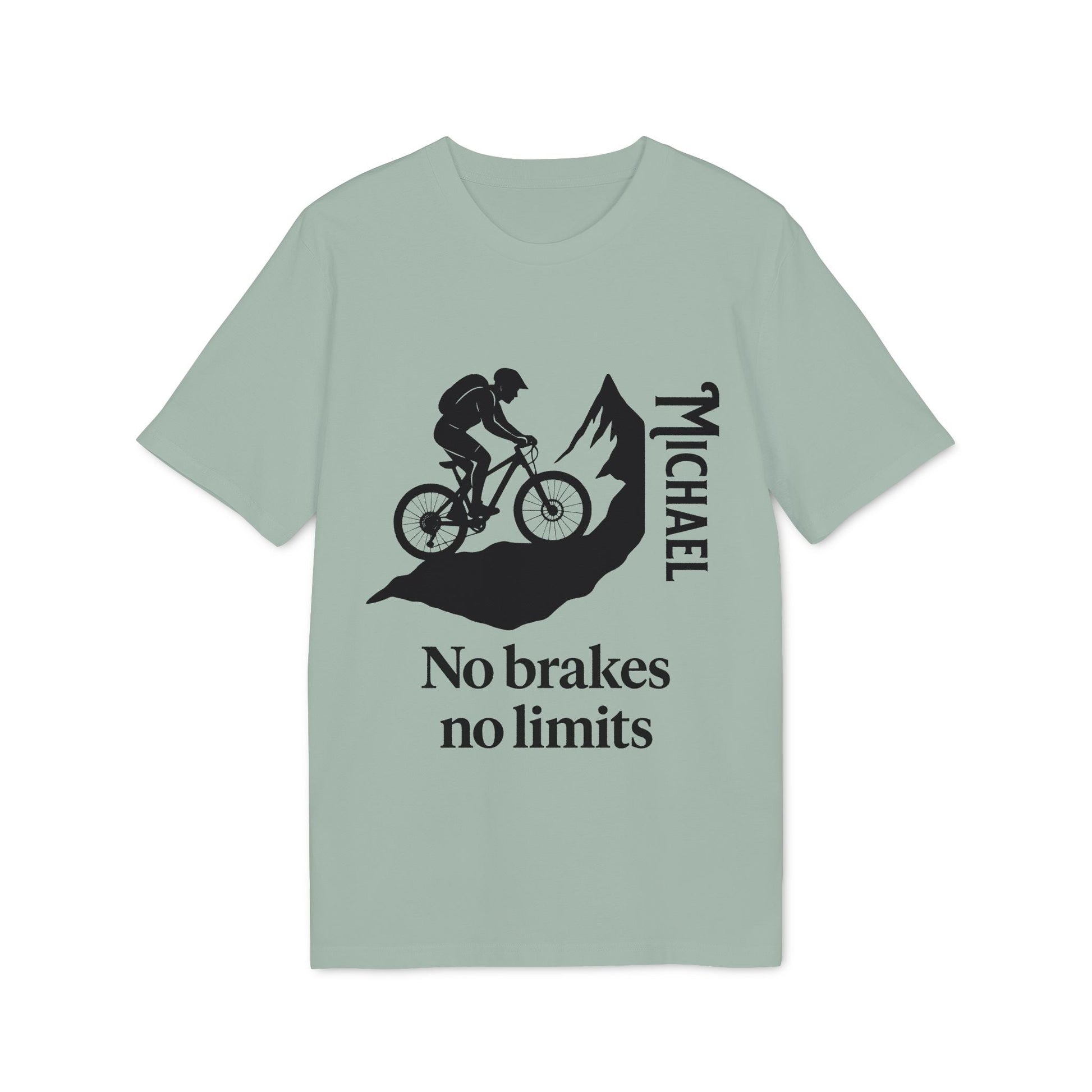 Mountain Bike Personalized No Brakes No Limit Premium Unisex T-Shirt with cyclist mountain graphic and custom name Michael, no brakes no limits print
