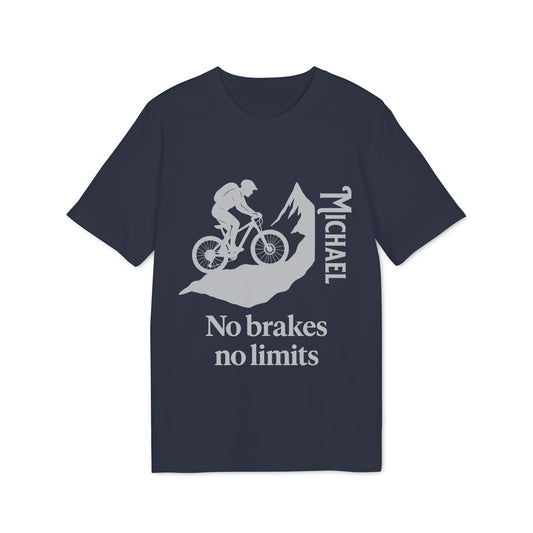 Mountain Bike Personalized No Brakes No Limit Premium Unisex T-Shirt navy tee with cyclist graphic, mountains, and personalized name Michael