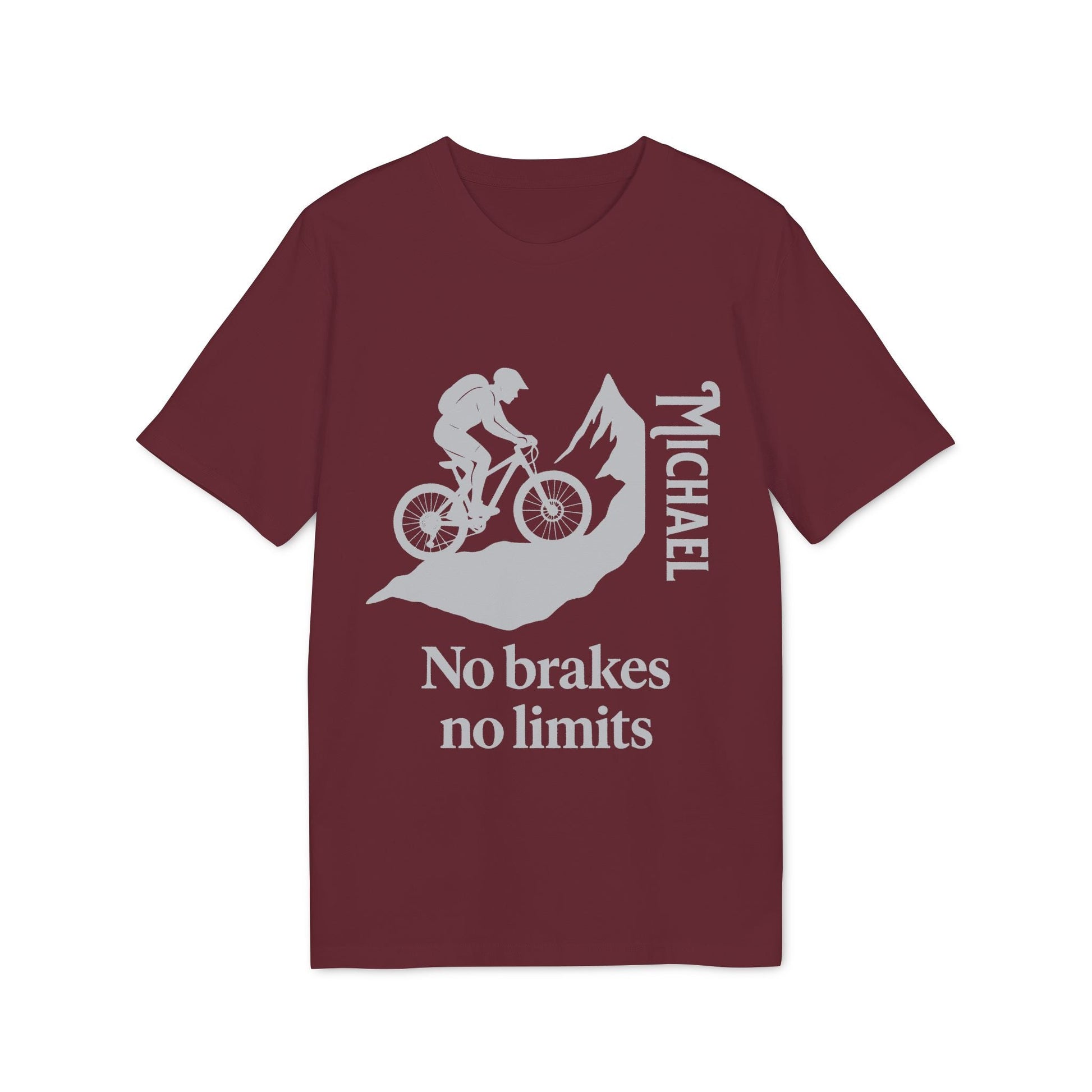 Mountain Bike Personalized No Brakes No Limit Premium Unisex T-Shirt maroon tee with biker graphic, mountain, and name Michael