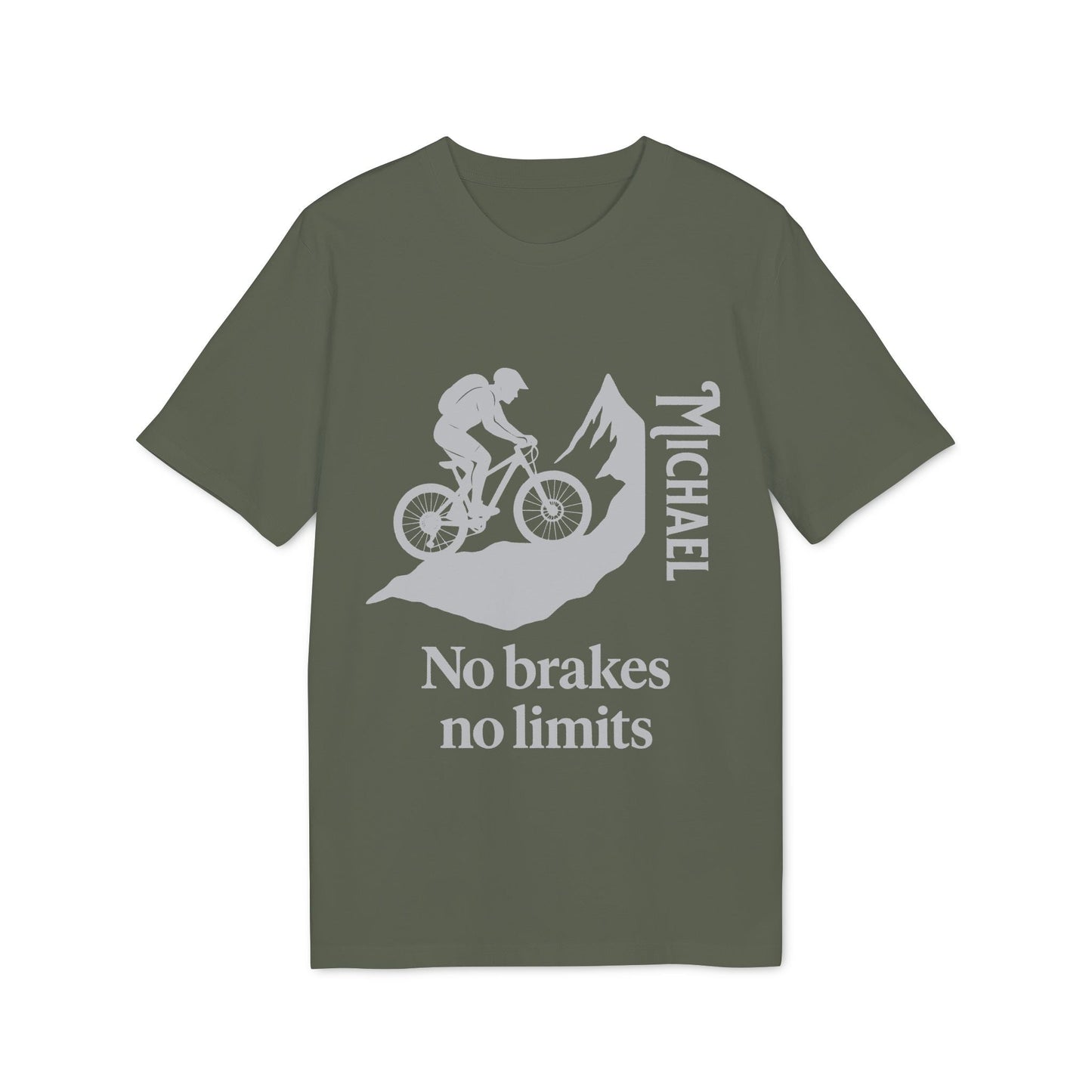 Alt Tag: Mountain Bike Personalized No Brakes No Limit Premium Unisex T-Shirt green tee with biker graphic, mountains, and custom name Michael