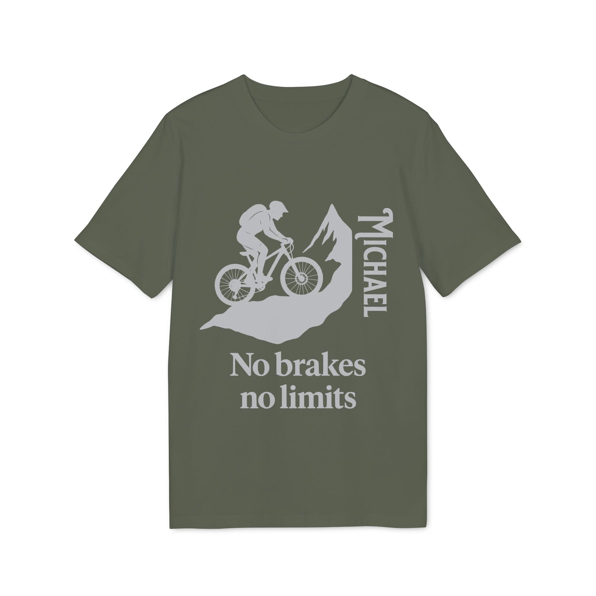 Alt Tag: Mountain Bike Personalized No Brakes No Limit Premium Unisex T-Shirt green tee with biker graphic, mountains, and custom name Michael