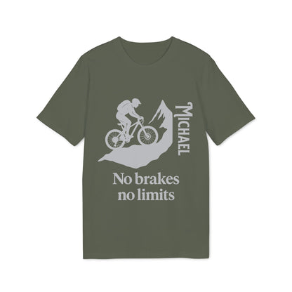 Alt Tag: Mountain Bike Personalized No Brakes No Limit Premium Unisex T-Shirt green tee with biker graphic, mountains, and custom name Michael
