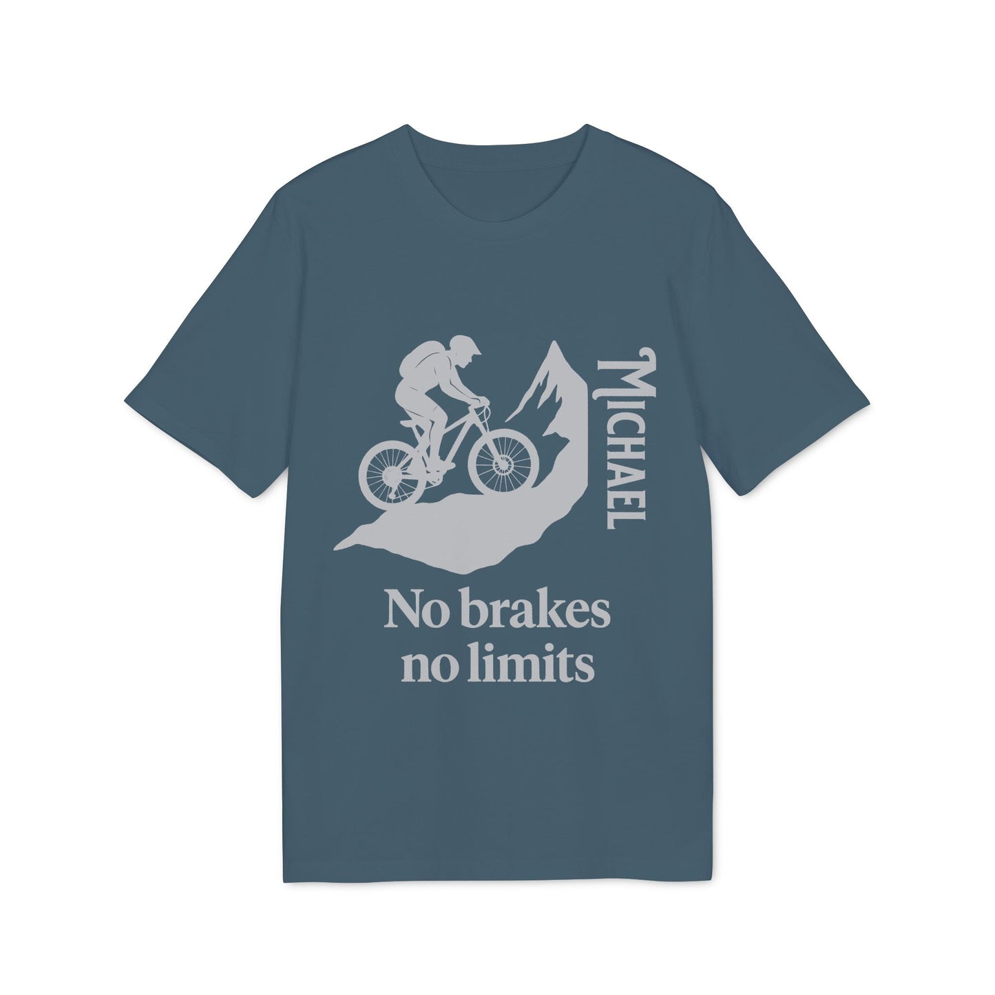 Alt Tag: Mountain Bike Personalized No Brakes No Limit Premium Unisex T-Shirt con ciclista, montañas y nombre personalizado "MICHAEL"