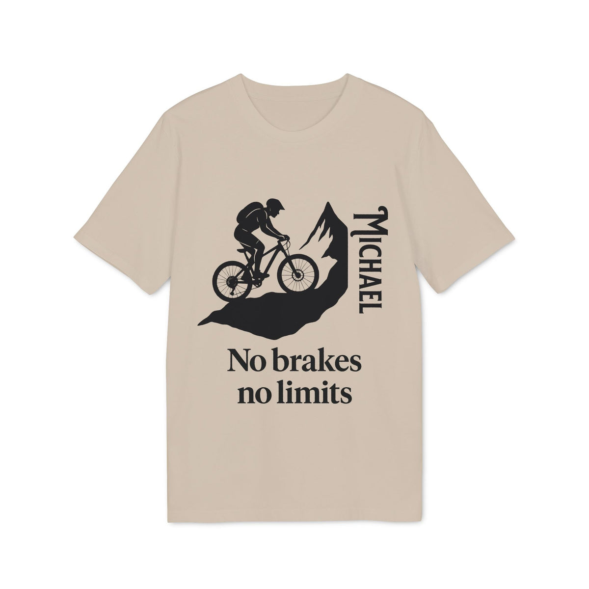 Alt Tag: Mountain Bike Personalized No Brakes No Limit Premium Unisex T-Shirt con ciclista en montaña y nombre Michael, diseño No brakes no limits