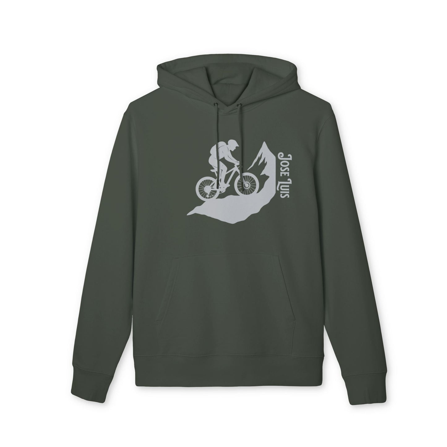 Alt Tag: Mountain Bike Personalized Sustainable Unisex Hoodie verde oscuro con ciclista de montaña y nombre personalizado “JOSE LUIS” estampado